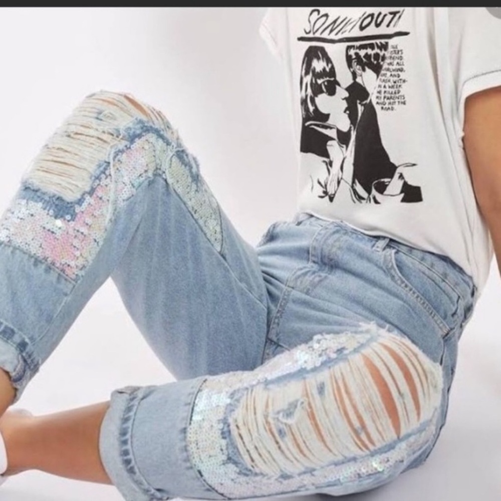 TOPSHOP Mom High Waisted Sequin Jeans